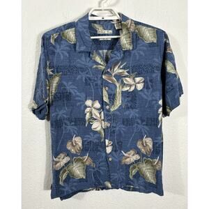 Batik Bay‎ Hawaiian Shirt Size L Blue Floral Silk Short Sleeve Button Up
